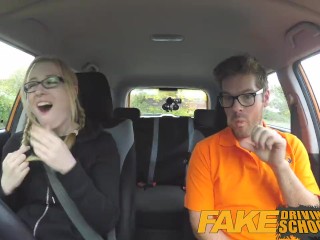 Fake Driving School - Black haired Euro babe with Glasses Fucked in a Car
